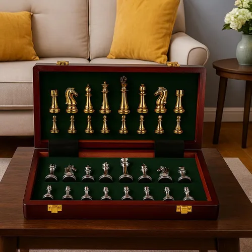 Miniatura 8 de Juego de ajedrez de metal grande de 11 pulgadas, caja de madera portátil con piezas de aleación, tablero plegable, ideal para adultos