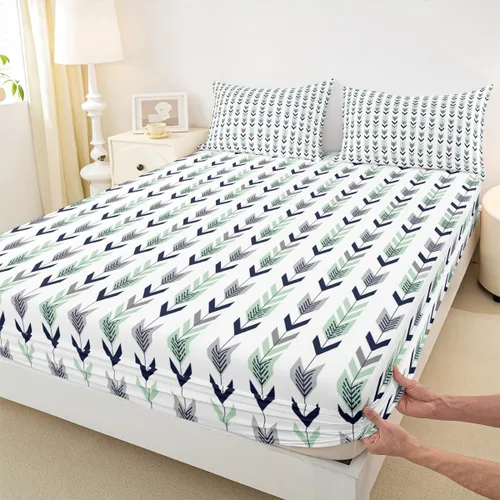 Juego de sábanas geométricas con flechas ajustadas Manfei, patrón étnico con plumas, juego de ropa de cama bohemio exótico de 3 piezas para Gris