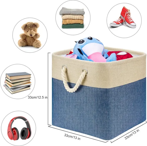 Miniatura 3 de Cubos de almacenamiento de tela de lino beige y azul marino de 13 x 13 x 12.5 pulgadas, paquete de 2 cubos de almacenamiento de 13 x 13 pulgadas
