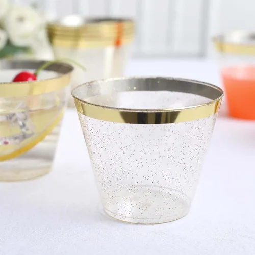 Miniatura 13 de Efavormart - Juego de 12 vasos de plástico de oro rosa de 10 onzas, diseño de borde para decoración de boda