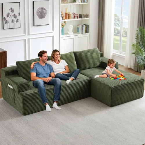 Miniatura 54 de Sofá seccional Cloud de 96 pulgadas, sofá deshuesado para sala de estar, sofá modular con asiento profundo, sofá de pana cómodo y esponjoso con Negro