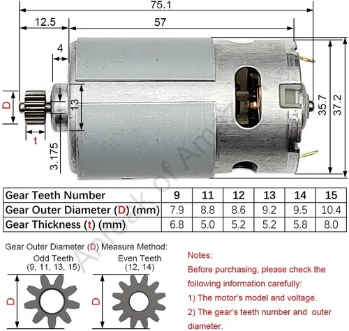 Miniatura 4 de Motor de Reemplazo RS550 12V 12 Dientes (Φ8.6mm) para Herramienta Eléctrica, Motor de 9.6-25V 9-15 Dientes 25000 RPM para Batería y Taladro Sin