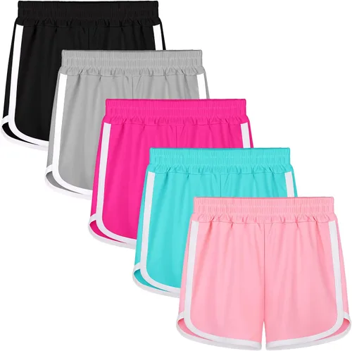 Resinta Paquete de 5 pantalones cortos deportivos para niñas, pantalones cortos de fútbol para niños, de secado rápido, pantalones cortos de
