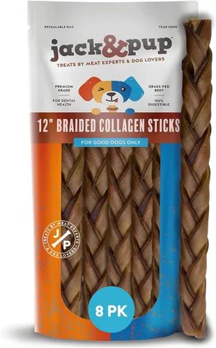 Miniatura 6 de Jack&Pup Palitos de colágeno de carne de res trenzados de 6 pulgadas para perros, masticables sin cuero crudo de larga duración Golosinas