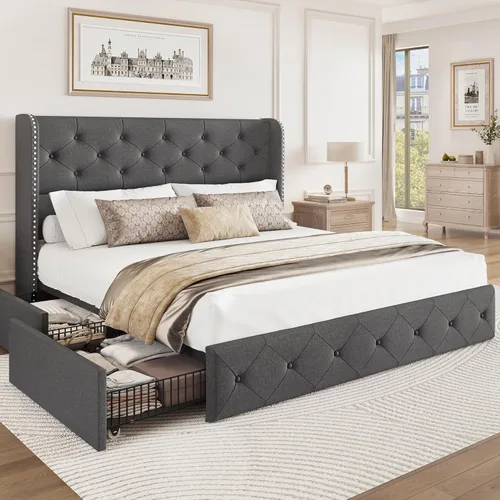 Miniatura 26 de BRELTAM Marco de Cama Tamaño Queen con Cajones de Almacenamiento y Cabecero Wingback Tapizado en Terciopelo Marco de Cama Plataforma Camas Blanco
