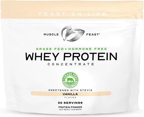 Muscle Feast Polvo concentrado de proteína de suero alimentado con hierba, todo natural sin hormonas pasto criado, vainilla, 2 libras