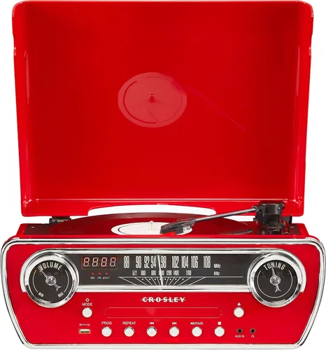 Miniatura 17 de Crosley CR6047A-AB Powel 7-en-1 Tocadiscos Bluetooth con entrada/salida de vinilo, radio AM/FM, reproductor de CD y entrada auxiliar, Azul Aqua