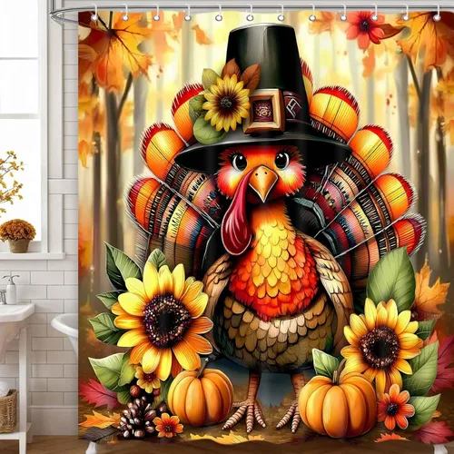 Cortina de ducha de Acción de Gracias de otoño con pavo, juego de cortinas de baño de granja con flores de calabaza de otoño y cosecha, tela de