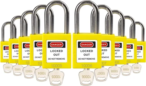 Miniatura 9 de Cerraduras de bloqueo con núcleo de latón, con llave diferente, 10 cerraduras de loto rojas, candados de seguridad compatibles con OSHA para kits
