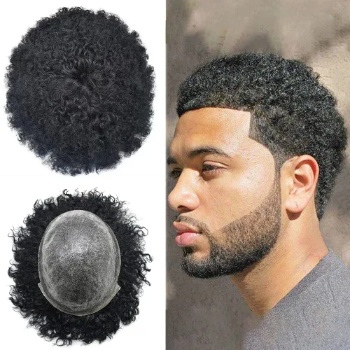 Miniatura 9 de Afro Toupee para hombres negros Unidad de cabello humano PU Ingección Afro sistema de reemplazo de cabello negro para hombres pieza de pelo Afro