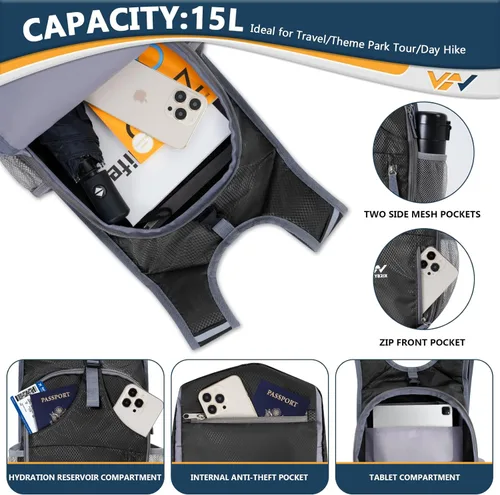 Miniatura 5 de Mochila de senderismo plegable de 15 L, ligera, plegable, impermeable, lavable a máquina, con correa para el pecho, paquete plegable pequeño
