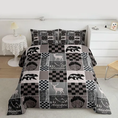 Miniatura 42 de Juego de edredón de oso y ciervo, tamaño individual, ropa de cama de animales salvajes de caza, colcha rústica de cabaña, casa de campo, cuadros