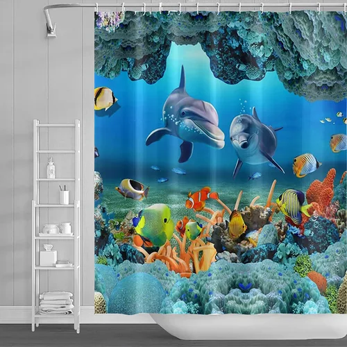 Miniatura 22 de Yeele Cortina de ducha con diseño de delfín, diseño de animales submarinos, tropical, con temática de vida silvestre, océano, azul, para baño