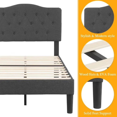 Miniatura 7 de VECELO Armazón de Cama Tamaño Individual Plataforma Tapizada con Cabecera Ajustable Acolchada/Base de Colchón con Soporte de Listones de Madera, Gris