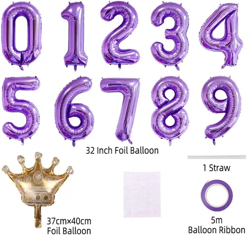 Miniatura 2 de Globo morado con el número 32 de 32 pulgadas, globos de aluminio jumbo con corona desmontable para decoración de fiesta de cumpleaños 38