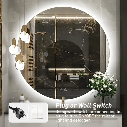 Miniatura 6 de Espejo de baño LED redondo de 28 pulgadas, retroiluminación de luz diurna de 6000 K, antivaho y regulable, espejo impermeable sin marco con control