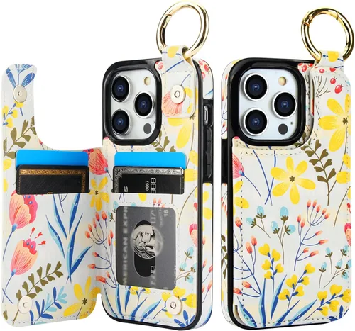 Miniatura 24 de HAOPINSH Funda tipo cartera para iPhone 14 Pro con tarjetero, patrón de flores pálidas en la parte trasera, de piel sintética, con ranuras para Flor