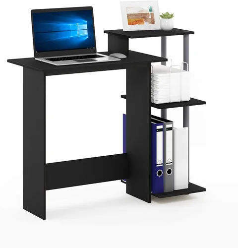 Furinno Efficient Home - Escritorio para computadora portátil/laptop con estantes cuadrados, color negro/gris