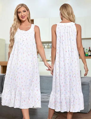 Miniatura 5 de MZROCR Camisones de algodón para mujer, suave, sin mangas, para adultos, ropa de dormir con volantes
