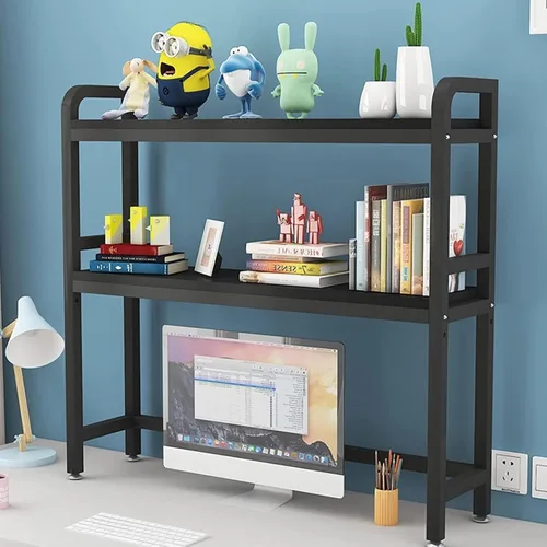 Estante de almacenamiento de metal y madera – Estante de exhibición de escritorio ajustable para oficina, dormitorio y balcón (color: blanco) (negro