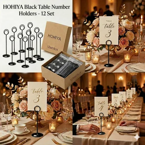 Miniatura 4 de HOHIYA Paquete de 12 soportes negros para números de mesa de 12 pulgadas, soportes para tarjetas de lugar de boda Elegantes soportes negros