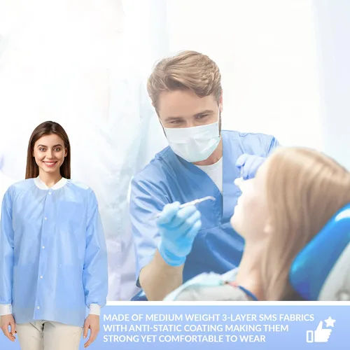 Miniatura 47 de Paquete de 10 chaquetas desechables de laboratorio, chaqueta médica reutilizable hasta la cadera, unisex, con puños de punto y bolsillos