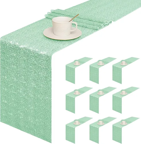 Miniatura 19 de Sugargirl Paquete de 10 caminos de mesa de lentejuelas de 12 x 72 pulgadas, camino de mesa verde manzana con purpurina para suministros de fiesta