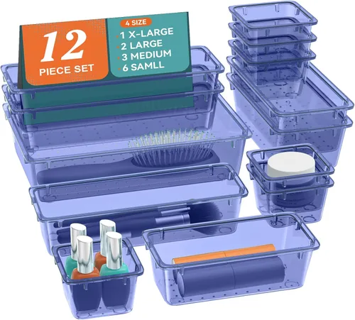 Miniatura 11 de ElegantArray Juego de organizador de cajones de 12 piezas, 4 tamaños, organizador de tocador de plástico versátil para maquillaje, papelería, Negro