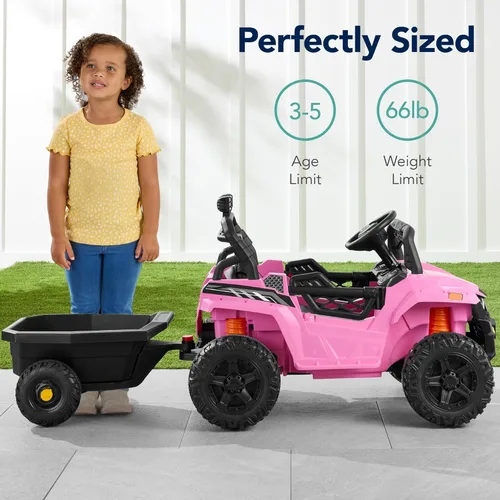 Miniatura 5 de Best Choice Products Carro Eléctrico Montable UTV de 12V para Niños con Remolque con Control Parental, Luces LED, 2 Velocidades, Bluetooth - Rosa