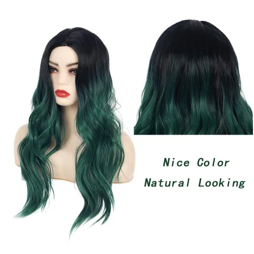 Miniatura 2 de Peluca larga y rizada ondulada, color negro y verde, peluca sintética natural con raya en medio para cosplay, pelucas de pelo para mujeres