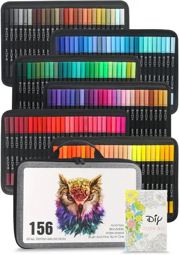 LIULIUCAI Marcadores de doble punta de 156 colores, rotuladores de punta fina y punta de pincel para adultos, libro de colorear sin sangrado,