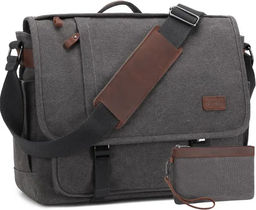 Miniatura 9 de NerIion Bolsa de Mensajero para Hombres de 17-17.3 Pulgadas, Bolsa de Laptop de Lona Resistente al Agua, Bolsa de Hombro, Maletín de Trabajo, Marrón