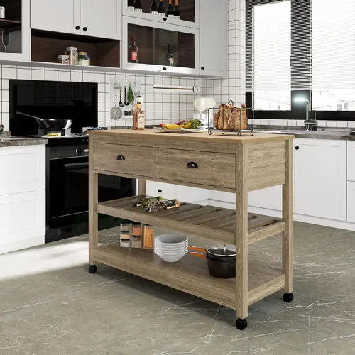 Miniatura 2 de CONSDAN Carrito de cocina con almacenamiento y estante abierto, isla de dos niveles sobre ruedas, antiguo