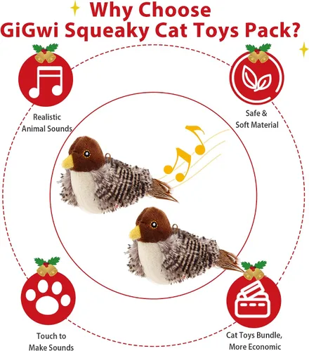 Miniatura 6 de Gigwi Juguetes interactivos para gatos con sonido de chirrido, pack de 2, juguetes para pájaros con chirridos estimulantes que hacen ruido, juguete