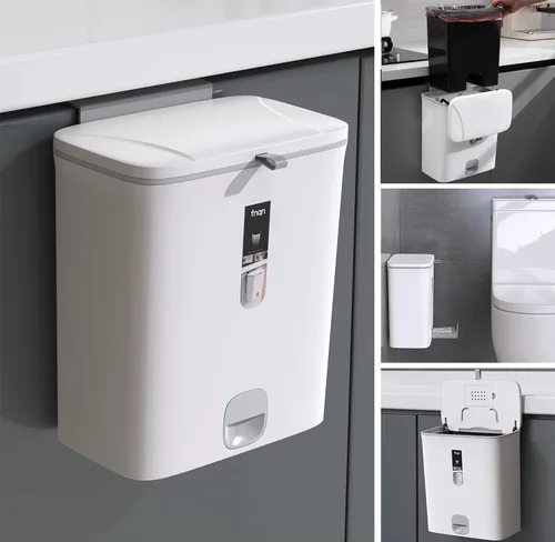 Sooyee Bote de basura con tapa, cubo de basura pequeño de 2.4 galones, contenedor de plástico para abono colgante o de pie para Blanco