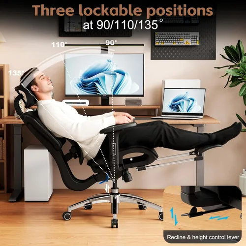 Miniatura 9 de Vonesse Silla de oficina ergonómica con reposapiés, sillas de escritorio con reposacabezas y reposabrazos ajustables 3D, silla de juegos de Negro