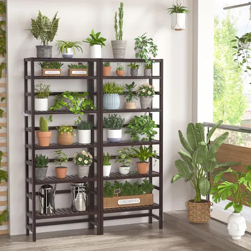 Miniatura 5 de Homykic Estanterías y estanterías de bambú de 6 niveles, estante organizador ajustable de 63.4 pulgadas de alto, estante organizador de estantería