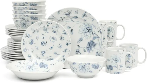 Martha Stewart Empress Bouquet - Juego de platos y cuencos de porcelana decorados de 30 piezas, resistentes a los arañazos y a los astillados, color