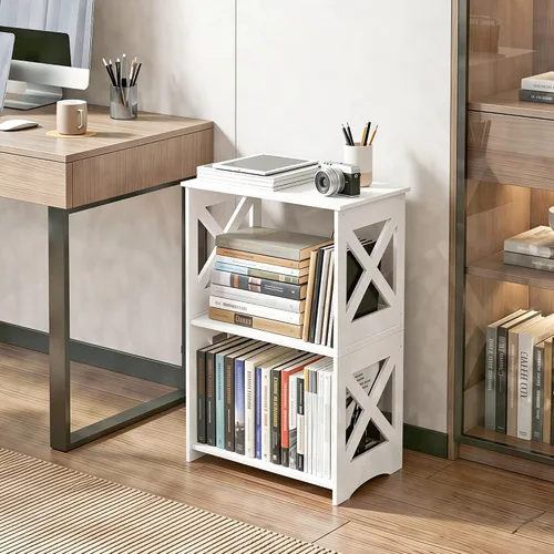 Miniatura 5 de BYFU Mesa auxiliar de 3 niveles, mesa auxiliar pequeña con estante de almacenamiento, mesita de noche blanca, mesita de noche, estantería