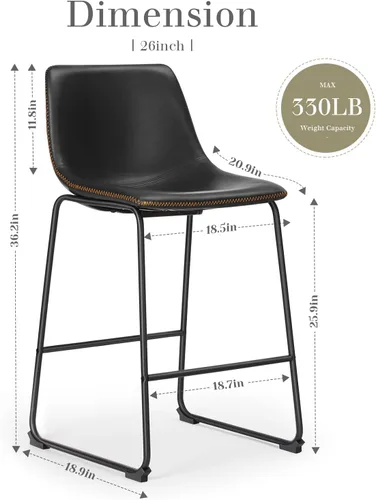 Miniatura 3 de DUMOS Juego de 2 taburetes de bar de piel sintética de 26 pulgadas de altura de mostrador con respaldo, sillas de bar modernas de metal para isla
