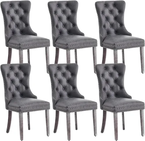 Miniatura 16 de Eifizek Sillas De Comedor - Juego de 6 sillas de comedor de terciopelo con borde de anillo de clavo, sillas de comedor tapizadas con patas de madera
