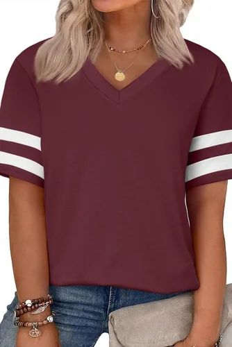 Miniatura 99 de Eytino Blusas de talla grande para mujer, cuello en V, manga corta, a rayas, casual, holgada, con bolsillo (1X-5X)