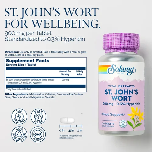 Miniatura 2 de SOLARAY Hierba de San Juan 900 mg, suplemento de apoyo de estado de ánimo una vez al día, estandarizado al 0.3% de hipericina para el apoyo a