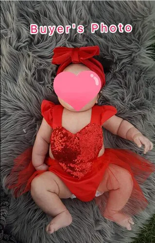 Miniatura 2 de Muasaaluxi Mameluco de San Valentín para niñas recién nacidas, vestido de tutú con manga volada, corazón y lentejuelas, traje de verano 0-3 años