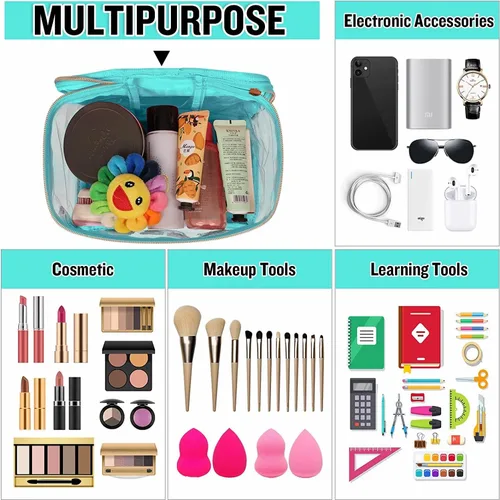 Miniatura 6 de izuzta Bolsas de maquillaje transparentes con letras de chenilla, bolsa de maquillaje de parche preppy con asa
