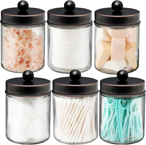 Miniatura 11 de Amolliar 6 tarros de boticario para baño, organizador de tocador de baño, decoración rústica de granja con tapas de acero inoxidable, soporte Negro