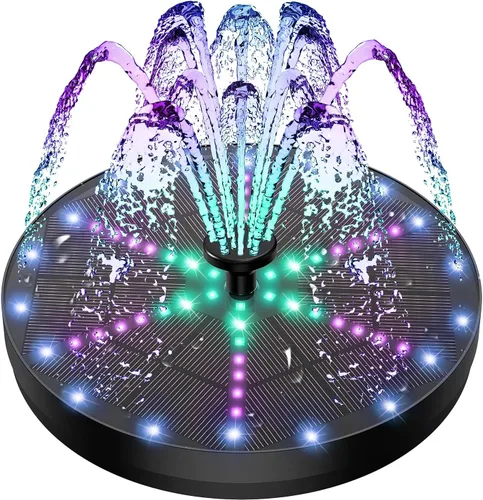 Yzert Fuente solar mejorada para pájaros con 60 luces LED, bomba de fuente de agua con batería de 4000 mAh, 7 boquillas, 4 fijadores, para jardín,