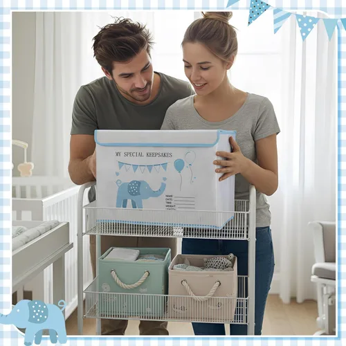 Miniatura 6 de LemonRoad Caja de recuerdos de bebé de 16 x 12 x 12 pulgadas, baby shower, elefante, primera caja de recuerdos, para recién nacidos, regalo de Azul