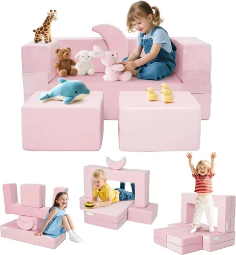 Miniatura 11 de Sofá modular de juego para niños, 13 piezas, sofá de espuma de alta densidad, muebles de sala de juegos convertibles con funda de terciopelo suave