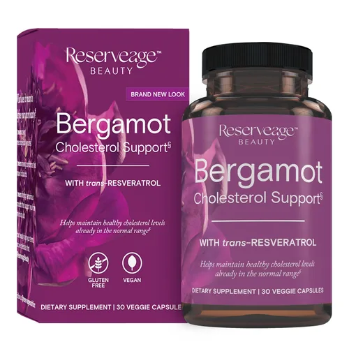Reserveage Beauty, soporte de colesterol de bergamota con resveratrol, suplemento antioxidante para apoyo cardiovascular y salud cardíaca, vegano,